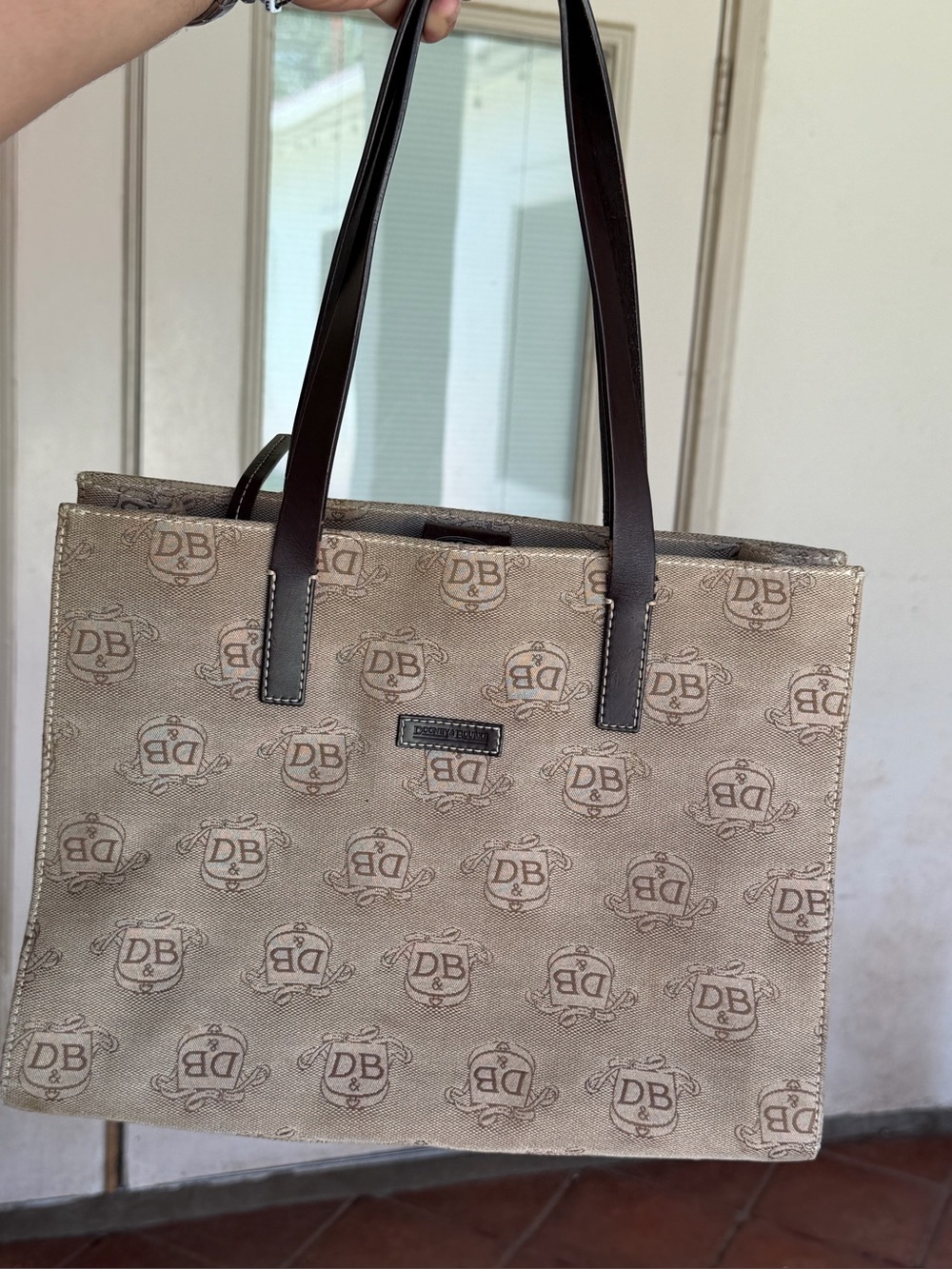 vintage Dooney & Bourke East West Tote Bag- Jacquard Tote with Dark Brown Straps